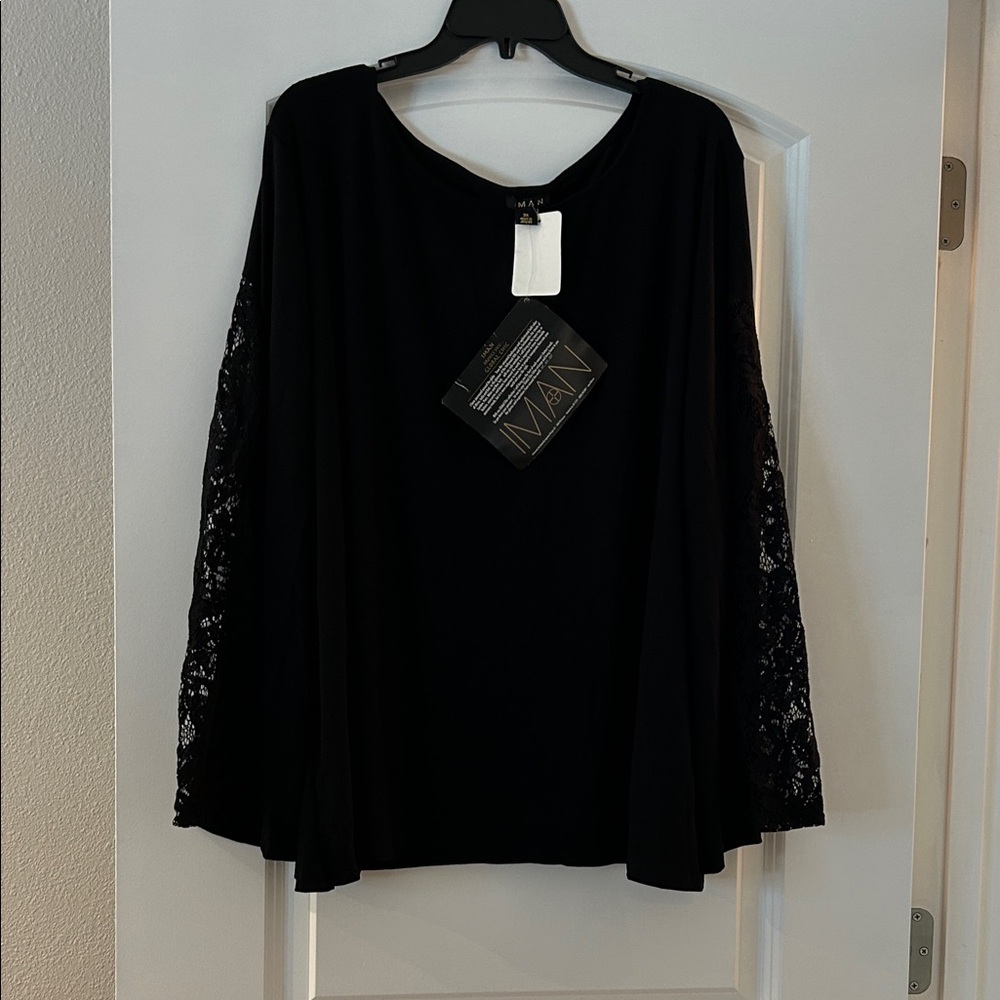 IMAN Elegant Black Blouse with Lace Sleeves